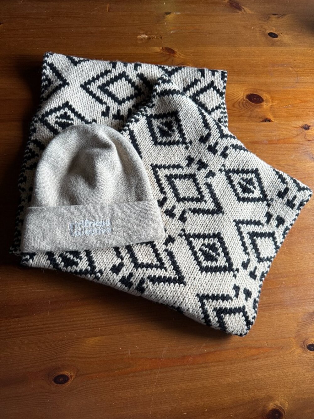 Girlfriend Collective Tan Beanie and Lucky Brand Black/Cream Infinity Scarf